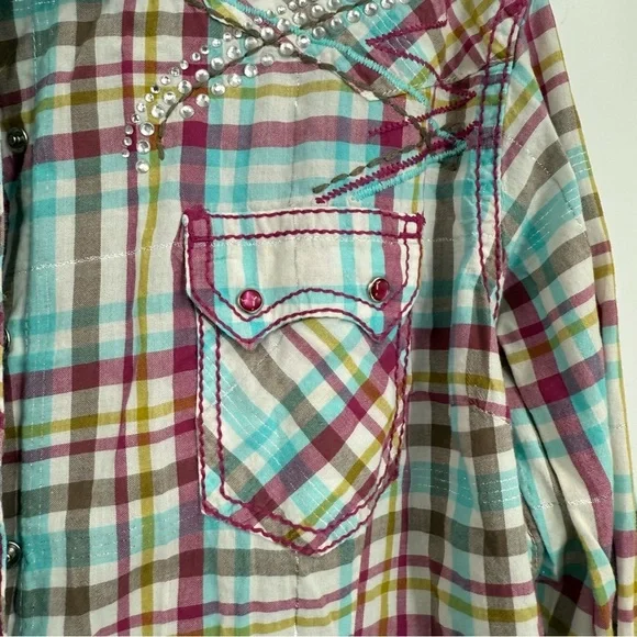 Ariat Women's Long Sleeve Top Plaid Pearl Snap Shirt Size XL Sequins Western - Picture 6 of 10